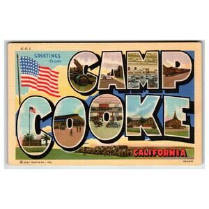 Vintage CAMP COOKE CALIFORNIA Large Letter Linen Postcard WWII Era Curt Teich